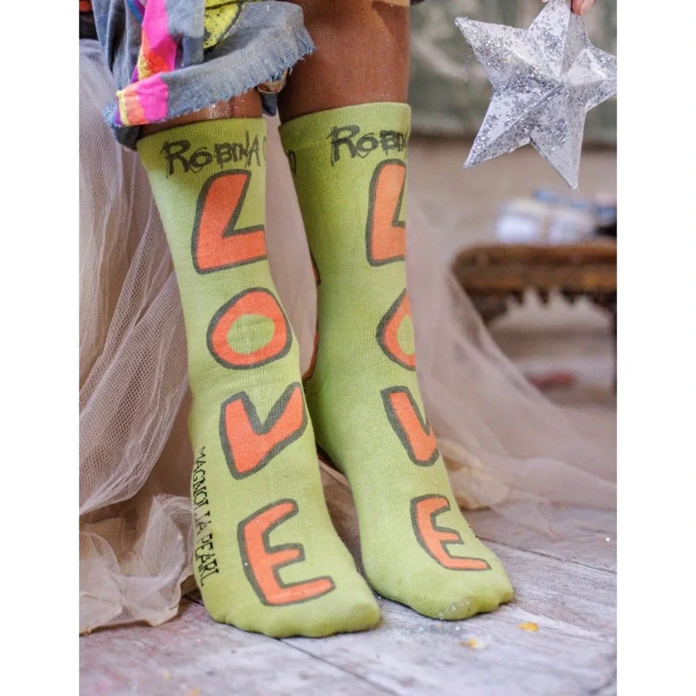 Magnolia Pearl‎ Green Orange LOVE ❤️ Cotton Crew Socks NWT